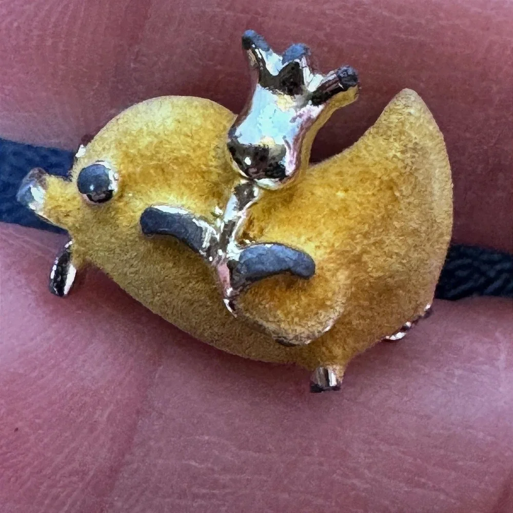 Vintage Flocked Yellow Bird Kitsch Brooch Mid Century Modern Figural‎ Gold Tone